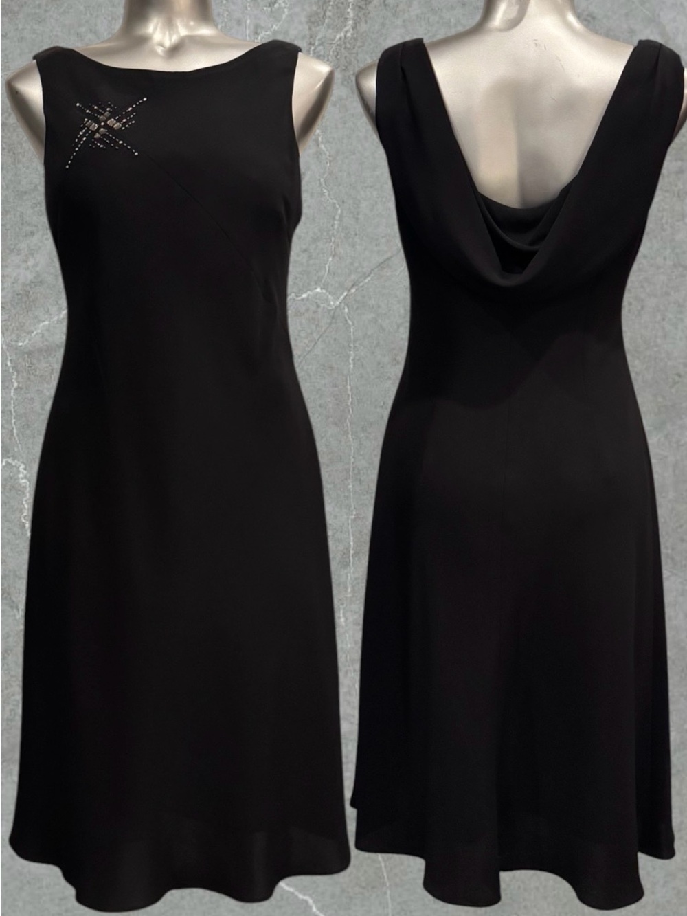 Y2K Evan Picone Black Midi Dress with Rhinestone Star Detail